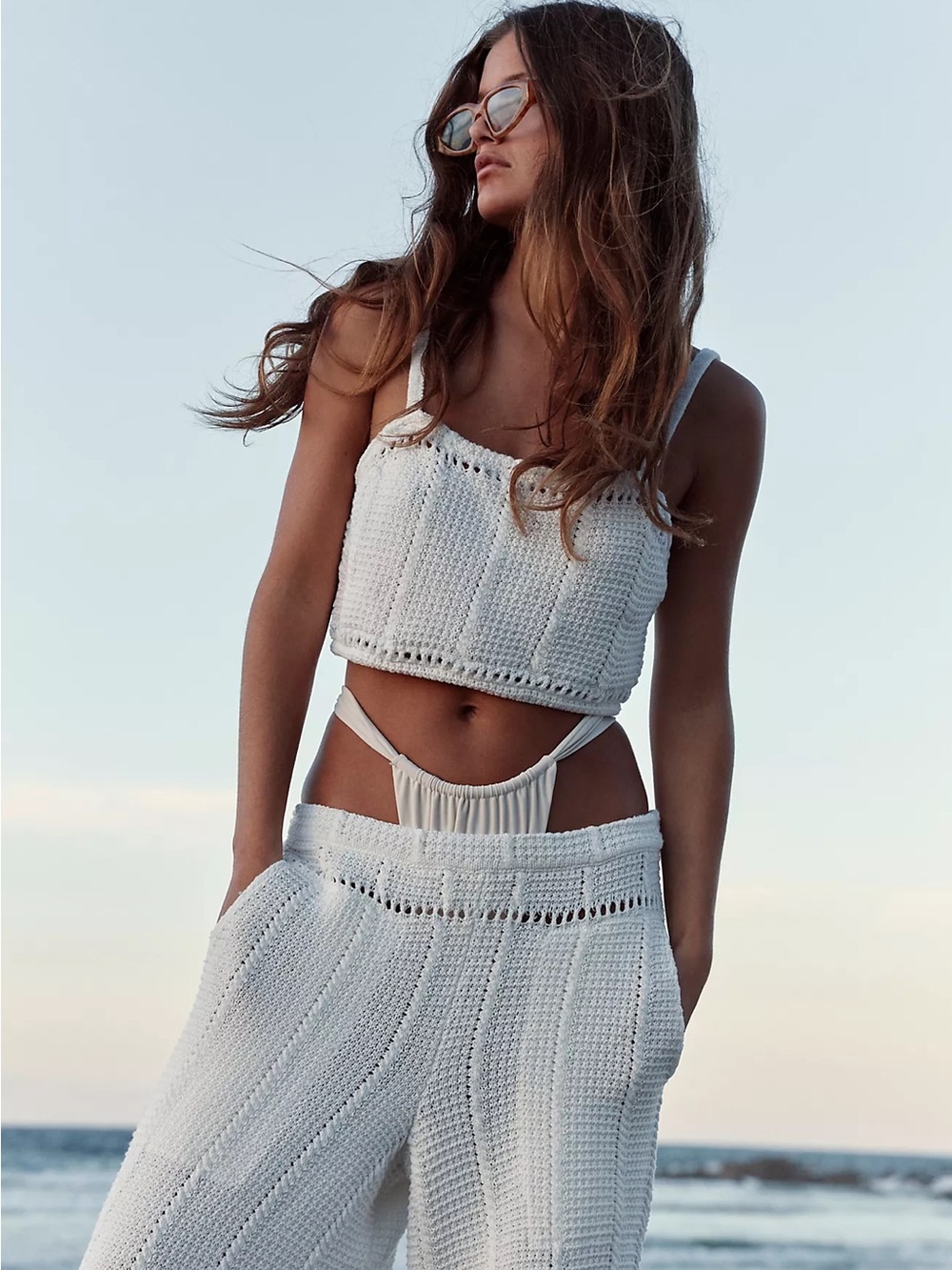 Free People FP Beach Stanza Fauxchet Crochet Wide Leg Pants White Mediun - Picture 4 of 13